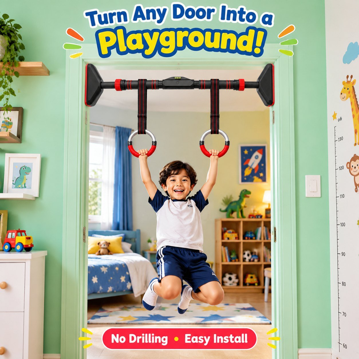 Door pull up bar for kids with gymnastic rings in a doorway