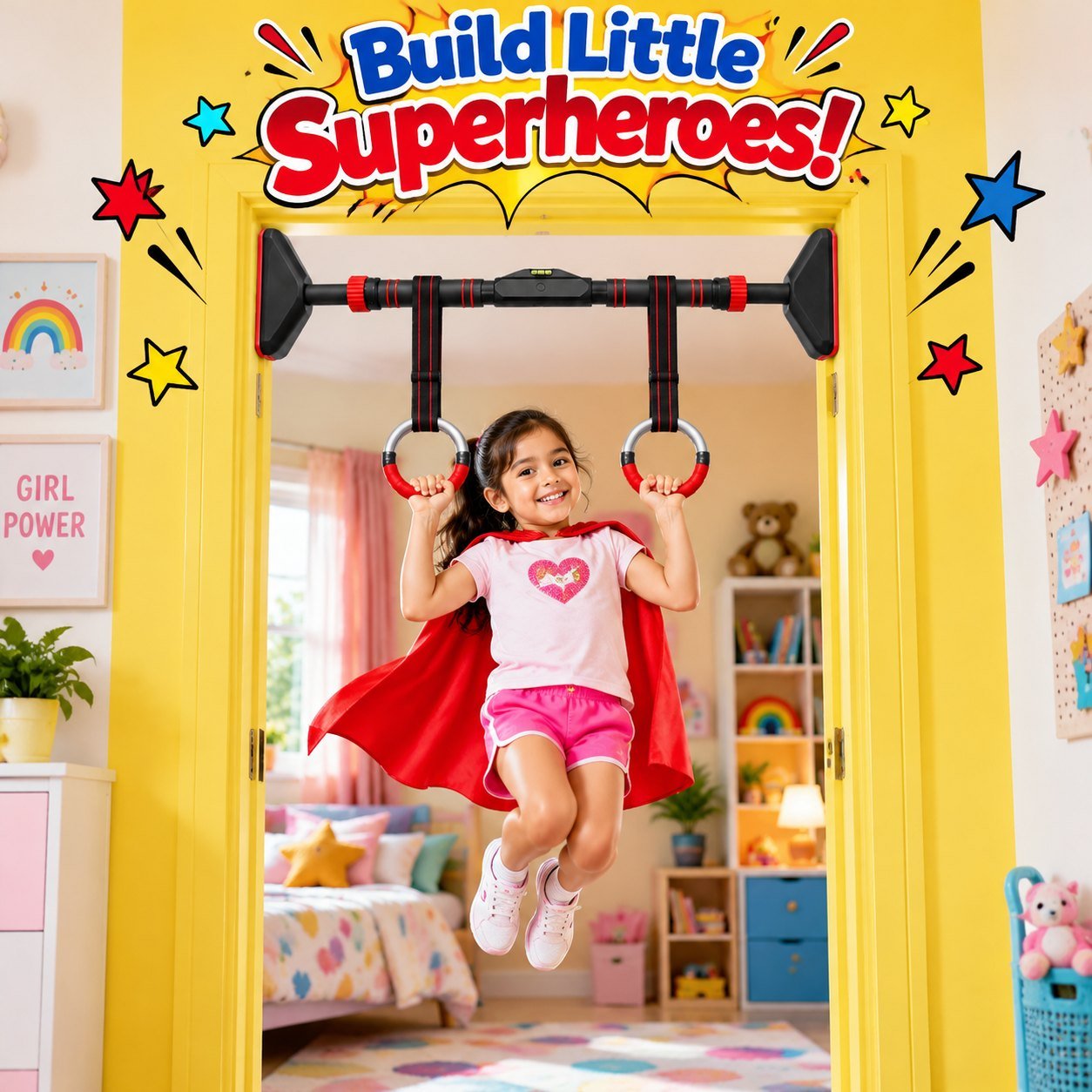 Door pull up bar for kids – superhero girl on rings