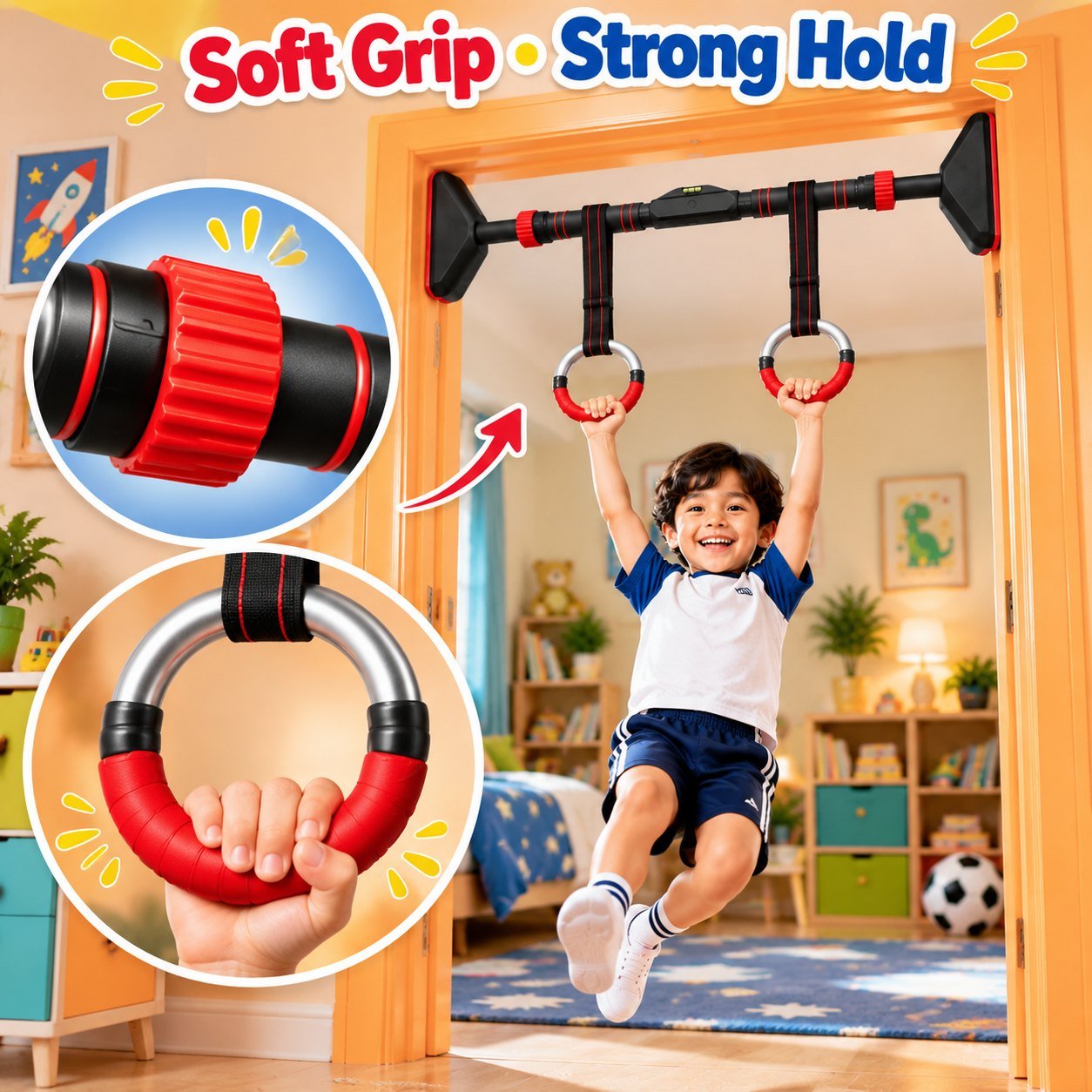 Soft grip rings and twist knob of the door pull up bar for kids