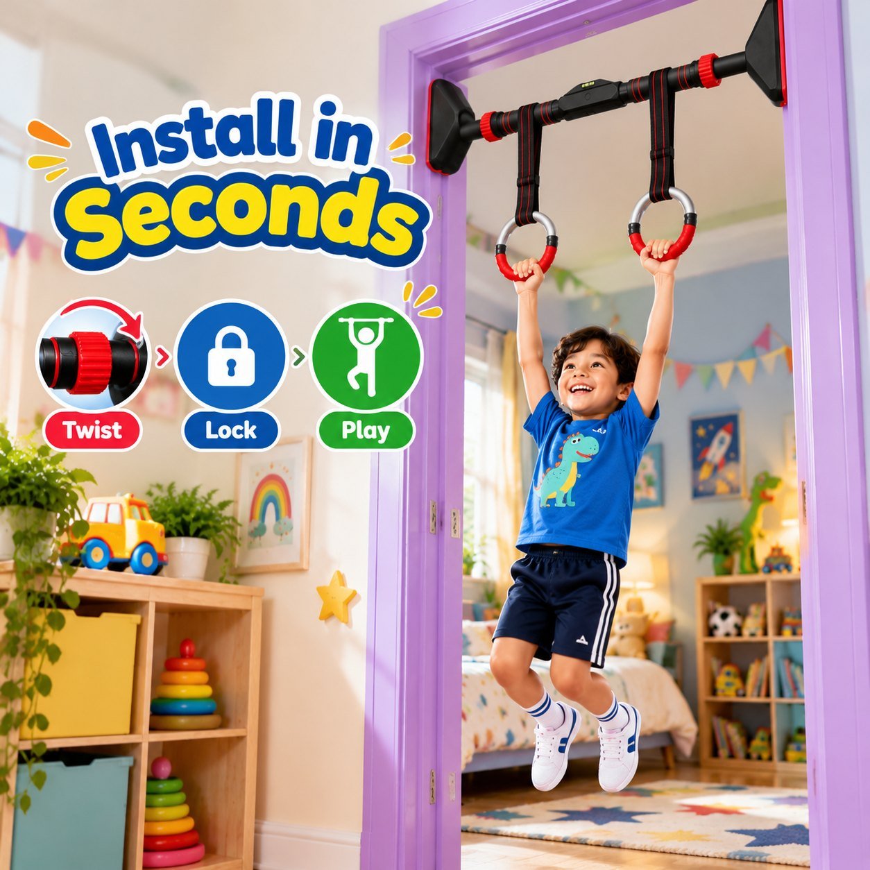 Easy install door pull up bar for kids – twist, lock and play