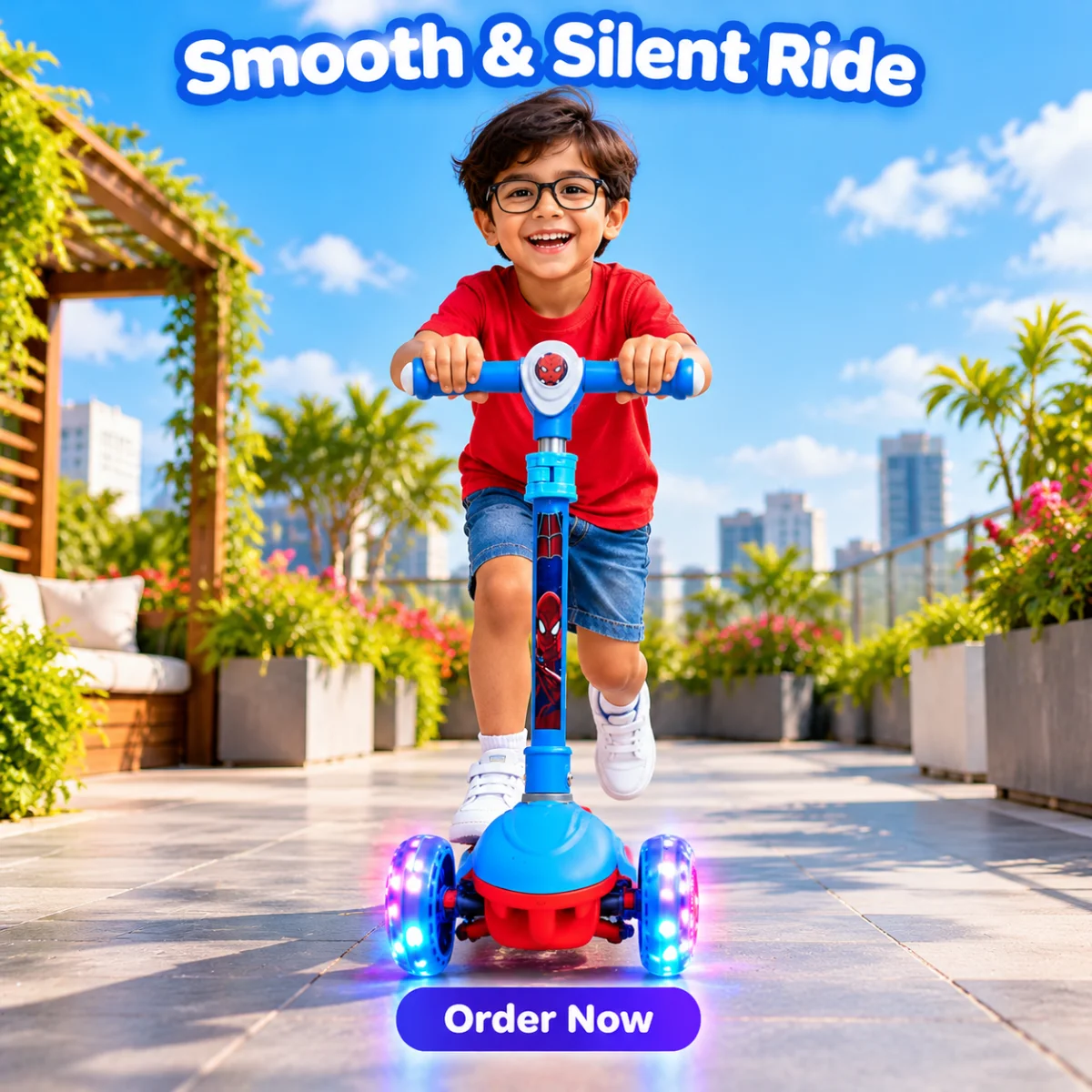 Kids scooter smooth and silent ride with light-up wheels