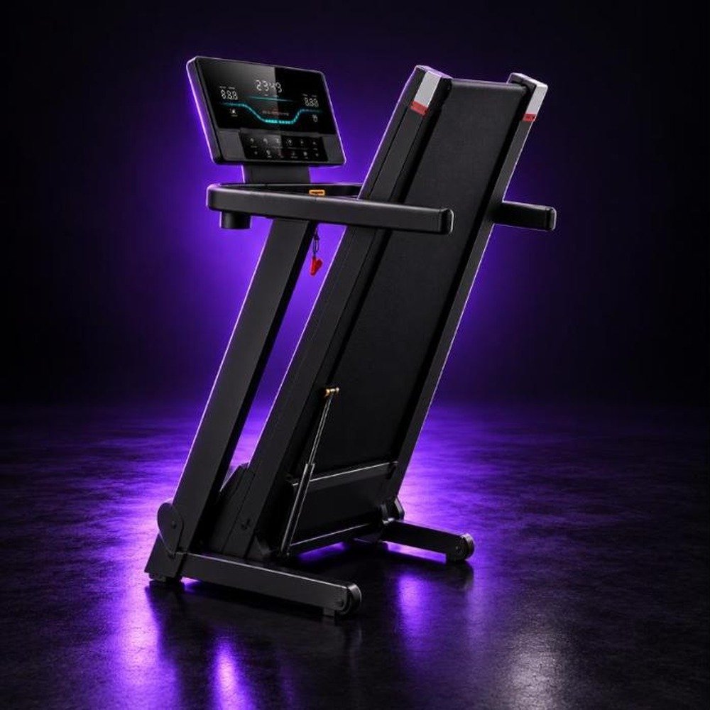OMA 3304EA foldable treadmill folded with transport wheels