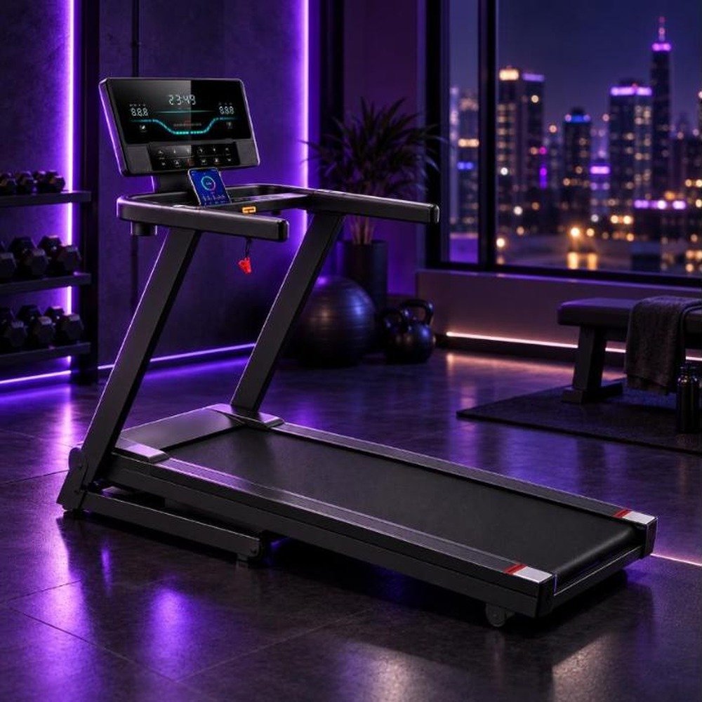 OMA 3304EA treadmill in home gym with Bluetooth app connectivity
