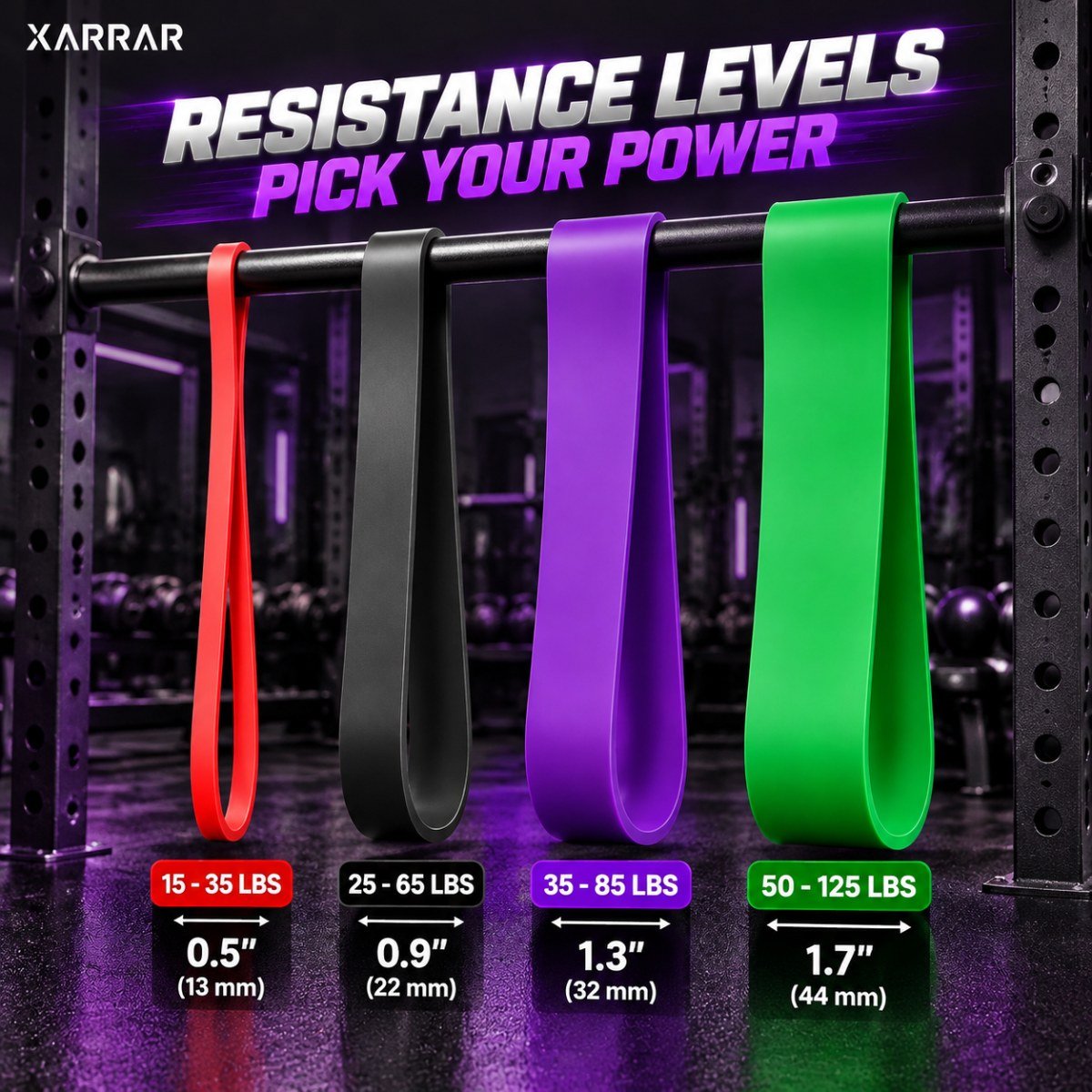 Resistance band levels 15-125 lbs red black purple green