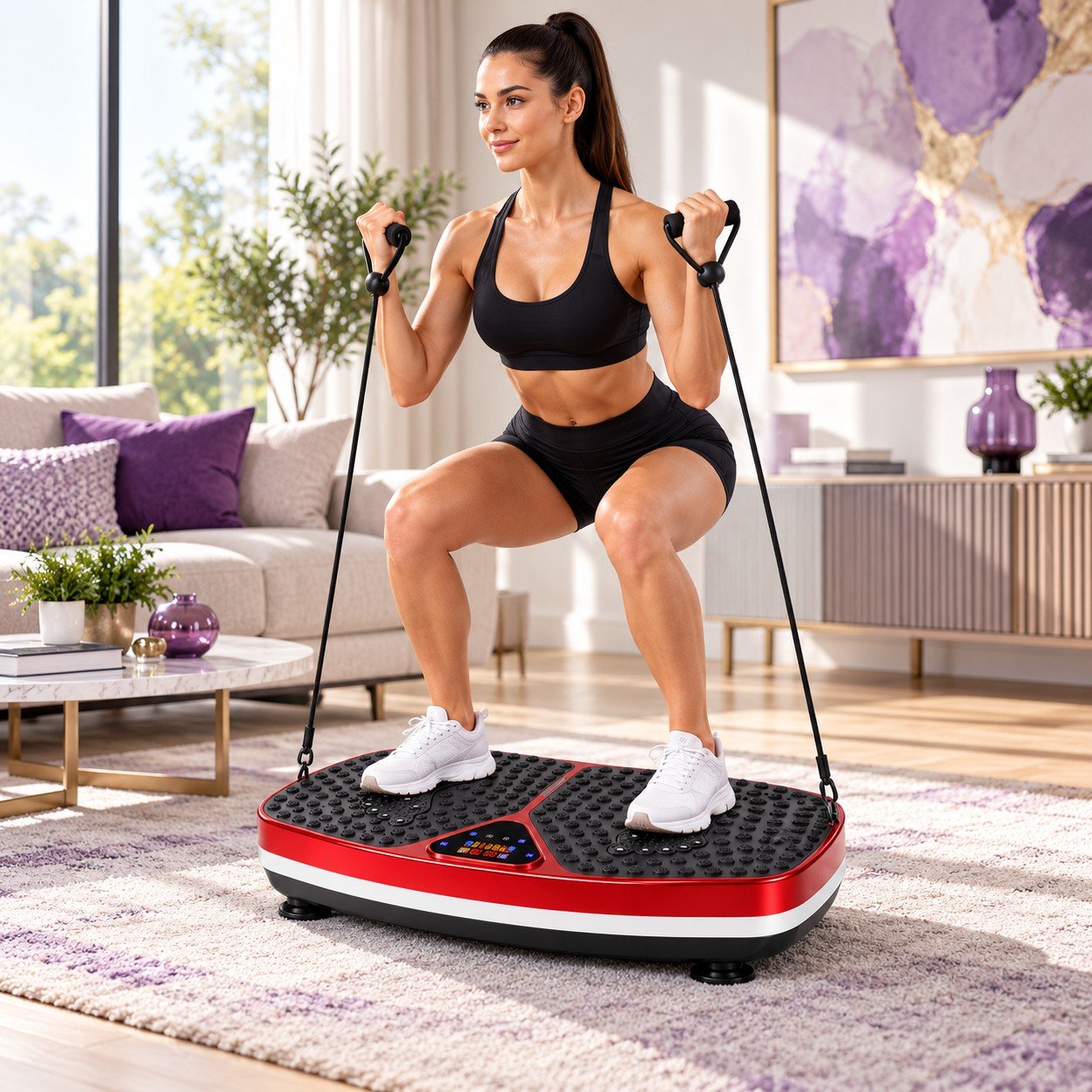 Woman doing squats on vibration plate exercise machine at home